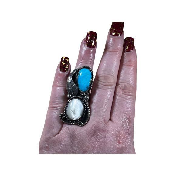 Huge Vintage Sterling Silver Mother of Pearl Turquoise Ring Southwestern Sz 6.25 - Picture 5 of 6